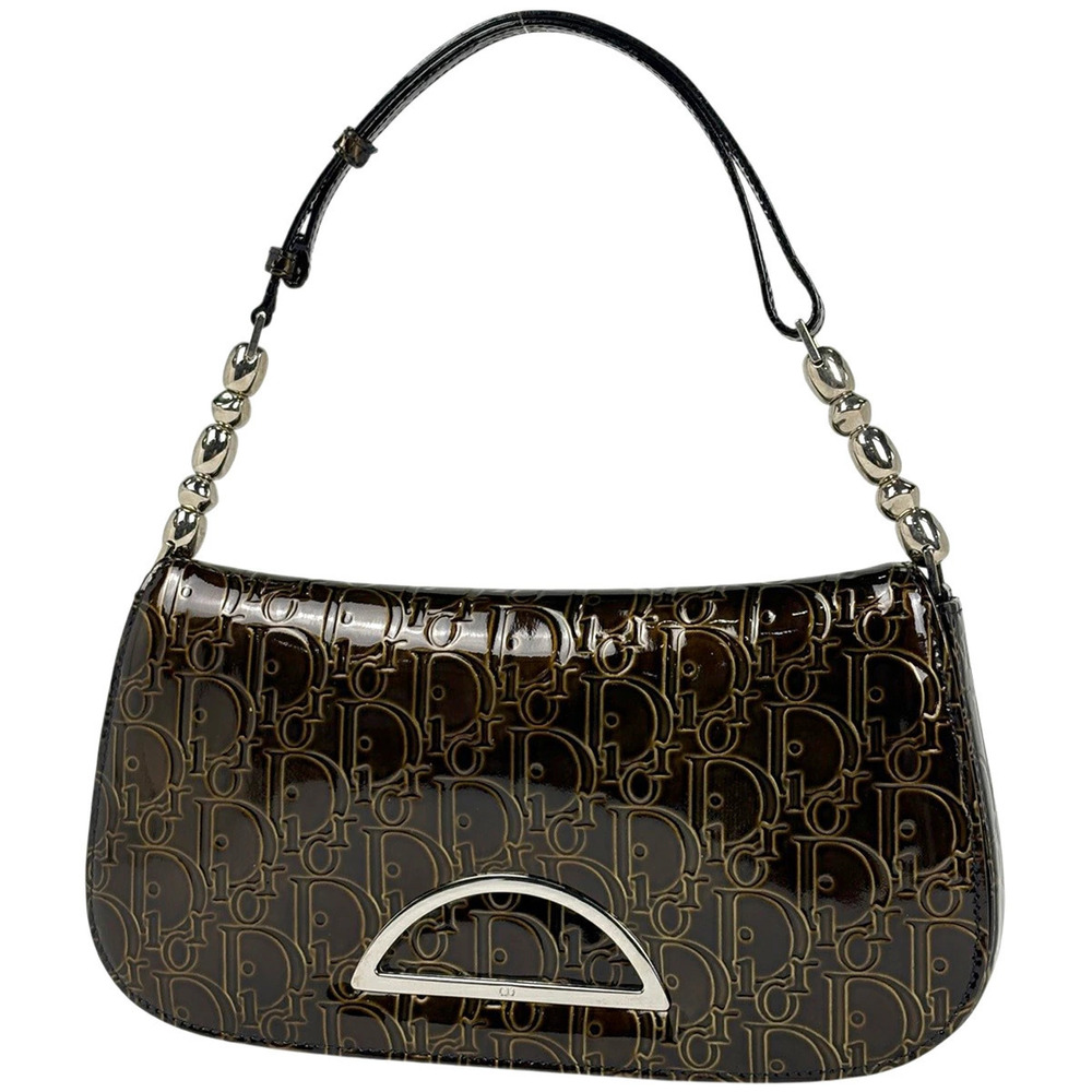 Christian Dior Maris Pearl Shoulder Bag Trotter Patent Vernis Leather Brown